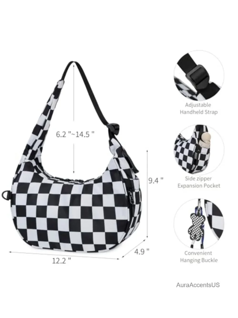 Checkered Crescent Shoulder Bag Nylon Quilted Hobo Purse with Anti-Theft Pocket